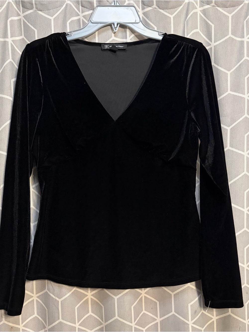 INC International Concepts Black Velvet V-Neck Long Sleeve Blouse